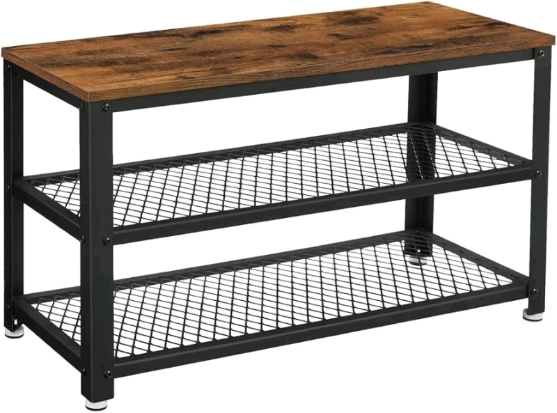 As New VASAGLE 3 Tier Shelf Storage Bench with Metal Mesh Shelves Rustic Brown + Black 11.8 x 28.7 x 17.7"