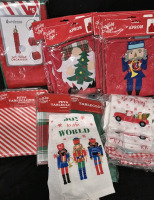 13 New Holiday Style Christmas Kitchen Lot - Aprons, Tablecloths, A Gift Wrap Organizer +