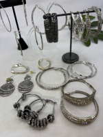 11 Pairs Statement Pierced Hoop Earrings / Rhinestone Art Deco Style