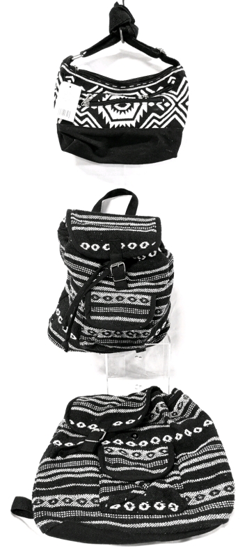 3 New Bags: 2x Striking Woven Mini Backpacks + Black & White Tapestry-Style Crossbody Purse | Mini Backpacks 10" x 4" x 10" Tall ea