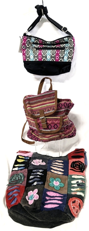 3 New Colorful Boho Bags : Mini Backpack, Hobo Bag & Tapestry-Style Crossbody Purse | Mini Backpack 10" x 4" x 10" Tall ea