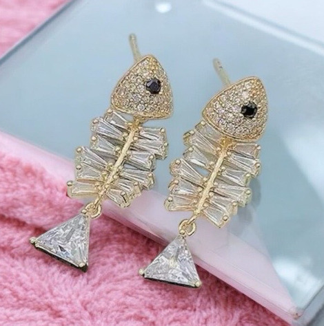 Elegant Fishbone Dangle Earrings with Sparkling Rhinestones Approximately 1.2 x .4 Inch Articulated
