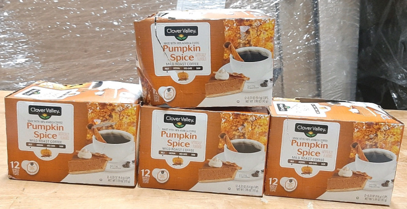4 New Clover Valley Pumpkin Spice Mild Roast Coffee Single Serve Cups, 12 in Each Box, 48 in Total