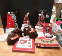 Lot of New Christmas Decorations and Merchandise, Including Three Santa Plush Hangers, Two Hanging Tree Decors, 4 Bags of Cinnamon Scented Pine Cones, 8 Table Runners, Three Kitchen Towels & A Christmas Ornament Cube Organizer