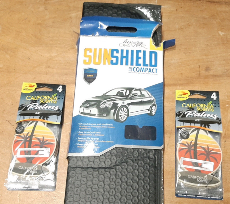 Lot of New Car Accessories, Including A Luxury Driver Sunshield Compact Size (27"x58") & 2 Packs of Calfornia Scents Ice-Scented Car Fresheners, 4 in Each Pack, 8 Car Fresheners in Total