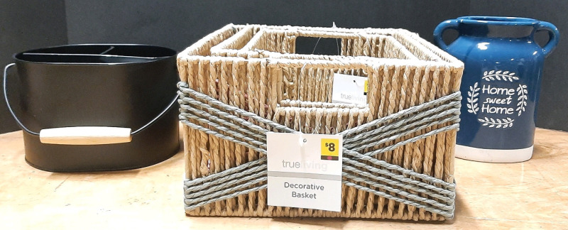 Lot of Indoor Products, Including 3 Decorative Straw Baskets, A Blue Glass Jar & Black Metal Caddy