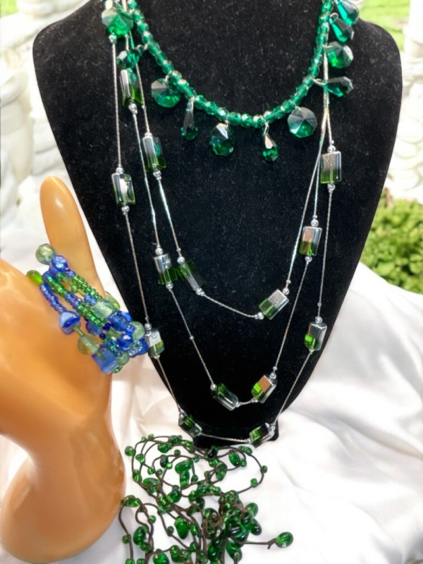 3 Spectacular Green Necklaces / Art Glass Wrap Bracelet/ One Toggle Swarovski Elements