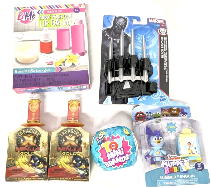 6 New Toys : Zuru 5-Surprise TOYS Mini Brands, 2x Treasure X Ninja Gold Blind Boxes, Make Your Own Lip Balm Kit, Black Panther Slash Claws & Muppet Babies Summer Penguin