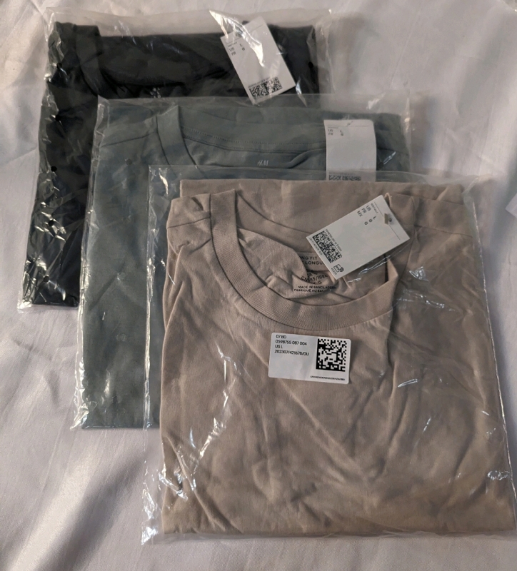 3 New Long Fit T-shirts. Size Large.