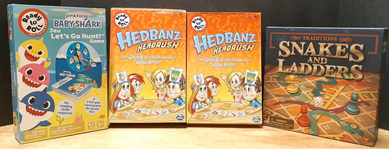 4 New Bosrd Games for Kids, Including Two Copies of Hedbanz Headrush, Baby Shark Let's Go Hunt Game & Snakes and Ladders