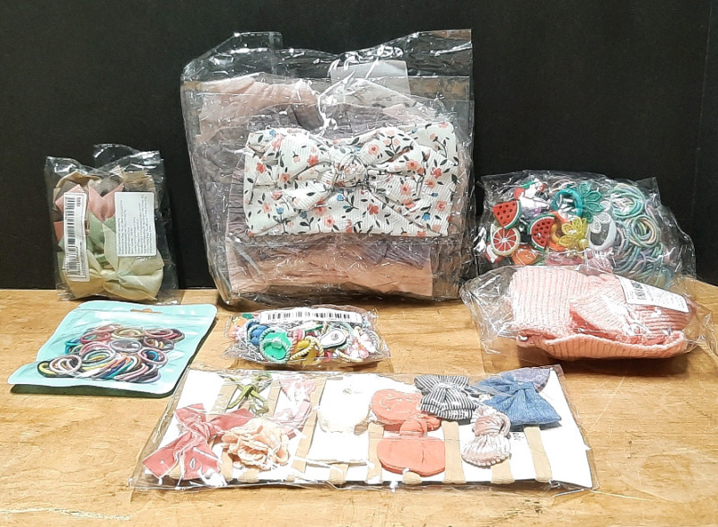 Lot of Baby Hair and Head Accessories, Including Hairties, Hats, Bows, Charms