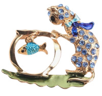 Stylish Rhinestone Embellished Cat Fishing in Bowl Brooch Approximately 1.65 x 1.46 Inch