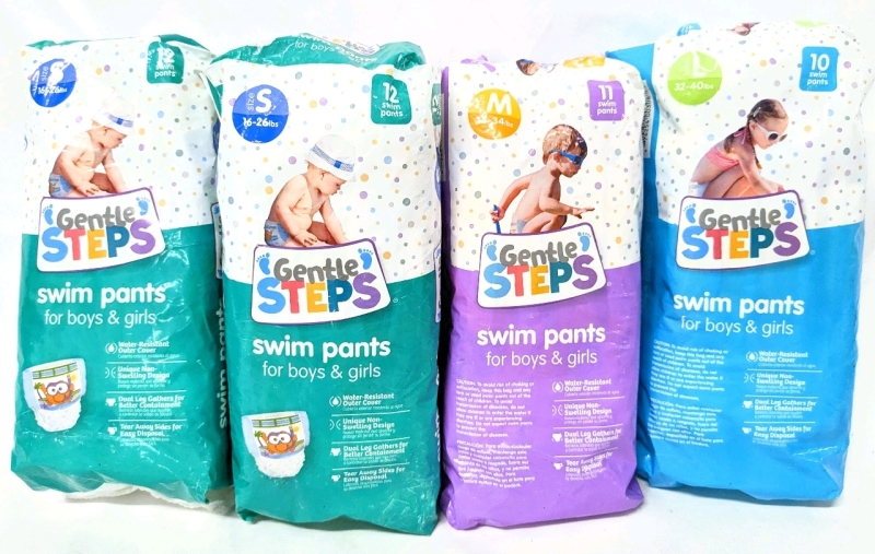 4 New Packs SM-LG Unisex Gentle Steps Swim Pants : 2x Small (16-26lbs), Medium (24-34lbs) & Large (32-40lbs) | 10-12 Swim Pants per Pack