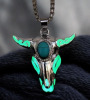 Unique Skull Animal Head Pendant Retro Stainless Steel Necklace Adjustable Chain Green UV Glow