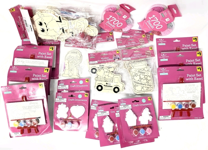 26 New Valentine's Day Crafts : 7 Ornanect Painting Kits, 7 Paint Sets with Easels, 2 Bead Packs, 6x Wood Standing Decor Painting Kits, 4x Wood Paddle Ball Marker Kits