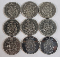 1968 - 2002 Canadian 50 Cent Half Dollars . 1968 &times;2 , 1969 , 1972 , 1973 , 1974 , 1976 & 2002 &times;2 . Nine (9) Coins .
