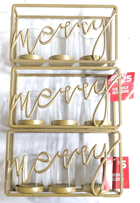 3 New Glass & Metal "Merry" Votive Candle Holders - 8" x 2" x 4.5" ra