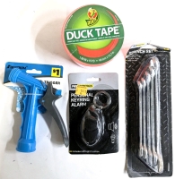 5 New Handy Things : Duck Tape Duct Tape 1.87" x 15yd, Plastic Trigger Water Nozzle, Personal Keyring Alarm, 5 Piece Wrench Set