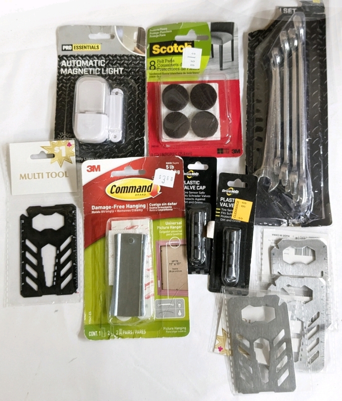 10 New Handy Things : 4x Metal Credit Card-Sized Handy Tools, 2 Sets of 4 Plastic Tire Valve Caps, 8-Pack Felt Pads, Command 5lb Universal Picture Hanger Hook, Auto Magnet Light, 5-Pack Wrench Set