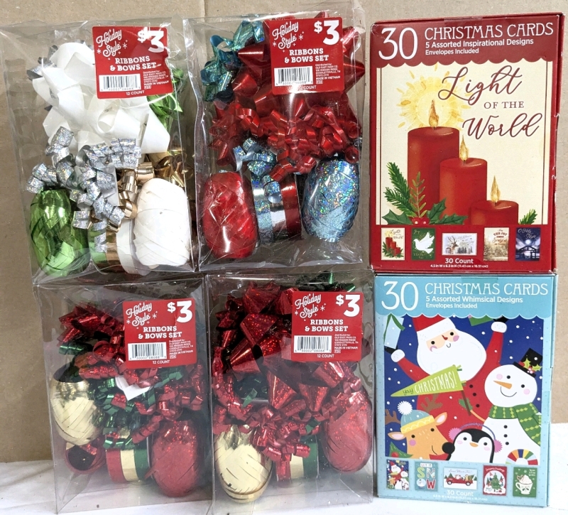 6 New Christmas: 4 Ribbons & Bows Set 12-Packs, 2 Assorted International & Whimsical Christmas Cards - 30 Envelopes & Cards each