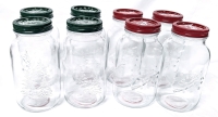6 New Glass Quart-Size Embossed Christmas Jars with Lids