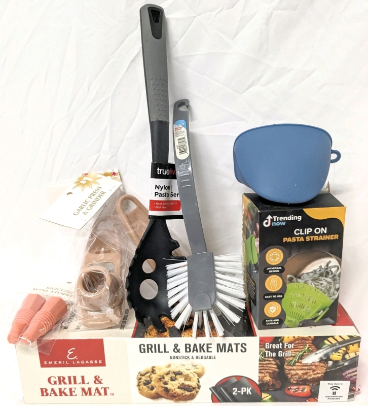 8 New Kitchen Things : EMERIL LAGASSE Grill & Bake Mat 2-Pack, 2 Garlic Grinders/Presses, Pasta Servers, Kitchen Brush, Clip-On Strainer & Silicone Gripper Mit
