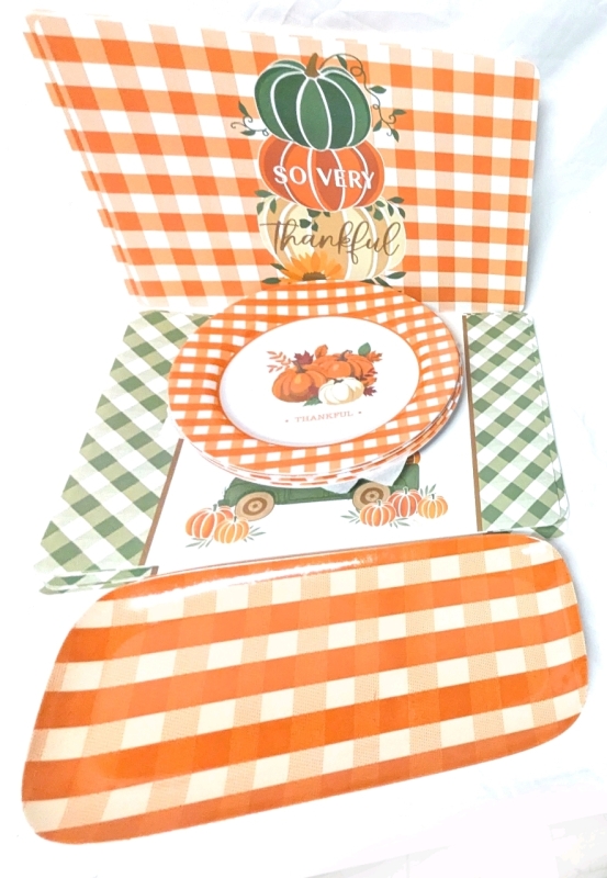 New Fall Dining Things : 5 Round 10.9" Melamine Plates, 3 Rectangular Melamine Plates (14.75" x 6.9"), 17 Plastic Printed Placemats in 2 Designs (9 of One, 8 of the Other) 12" x 17" ea