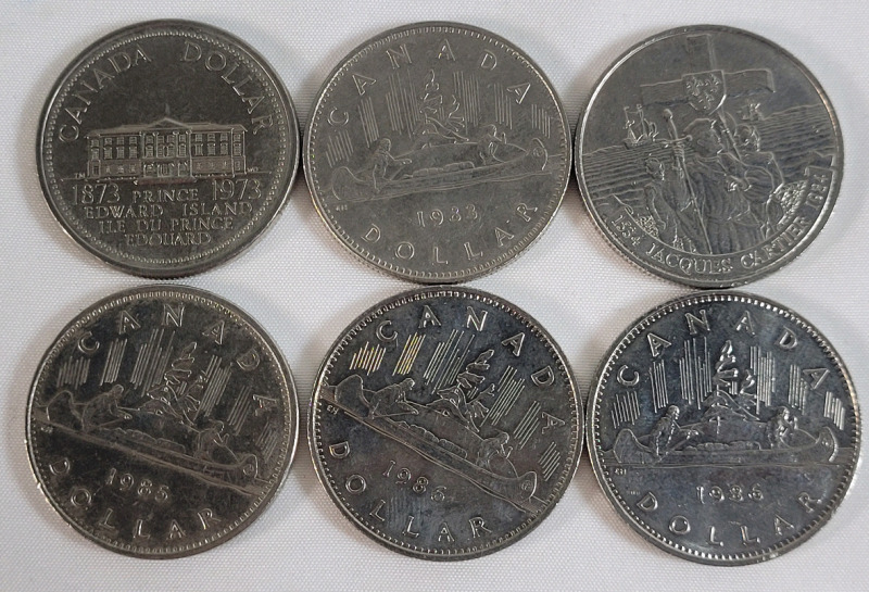 1973 - 1986 Canadian One Dollar Coins . 1973 , 1983 , 1984 , 1985 & 1986 &times;2 . Six (6) Coins