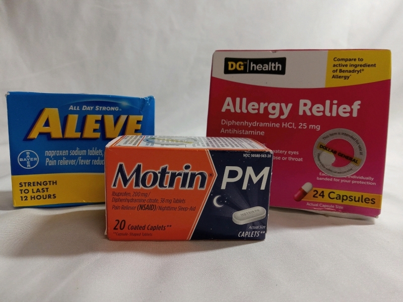 3 New | Body Care Medication Lot | Aleve, Motrin & Allergy Relief | Exp - Mortin 05/25 Aleve 06/26 Allergy Meds 07/25