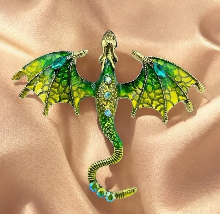 Retro Enamel Flying Dragon Brooch Rhinestone Approximately 2.75 x 2.4 Inch