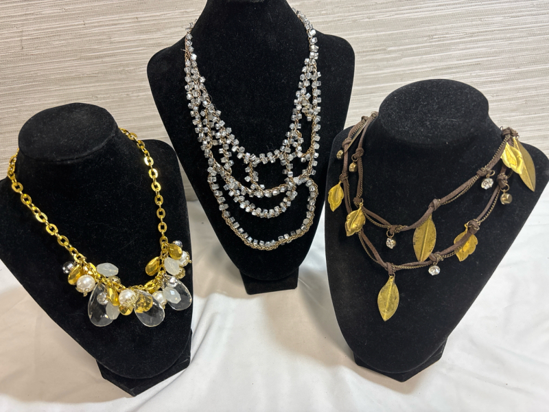 2 Leather Leaves Rhinestone Necklace/ Signed Cubed Drape Necklace / Chandelier Necklace