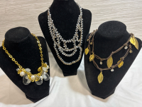 2 Leather Leaves Rhinestone Necklace/ Signed Cubed Drape Necklace / Chandelier Necklace
