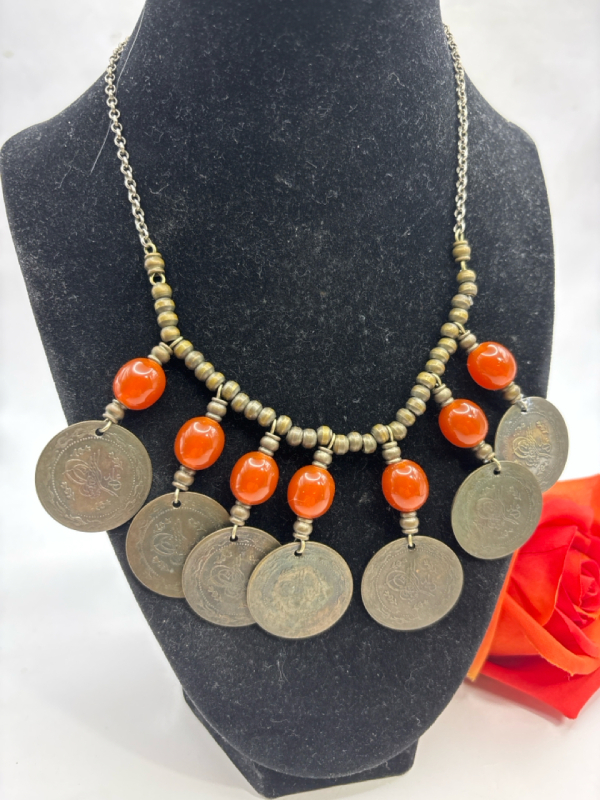 Vintage Arabic Coin and Carnelian Bib Necklace Possibly Tunisian 19th Century Coins