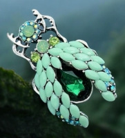 Vintage Inspired Beetle Brooch Elegant Green & Blue Opaque Rhinestone Approximately 1.75 x 1 Inch