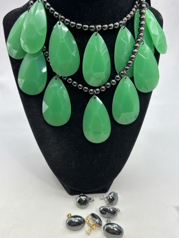 Three Hematite Vintage Earrings Statement Green Teardrop Necklace