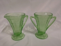 Vintage Cream & Sugar Uranium Glass - Cameo Ballarina Pattern, Green