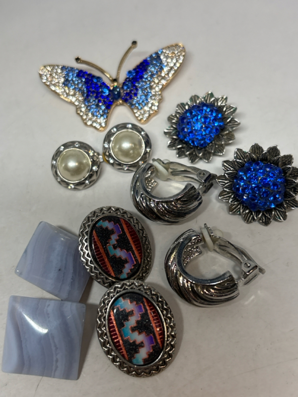 Southwest Inlay / Blue Lace Agate Clip Earrings Plus Rhinestone Butterfly Brooch