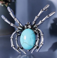 Spider Brooch Natural Stone & Shell Inlay Approximately 2 x 1.85 Inch Turquoise