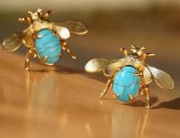 Pair Bee Copper Gold Plated 925 Silver Needle Turquoise Pierced Earrings 1.4 Inch