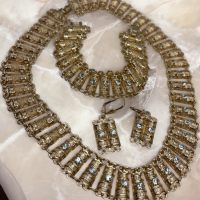 Stunning Filigree Rhinestone Collar Necklace Bracelet Earrings Set Vintage