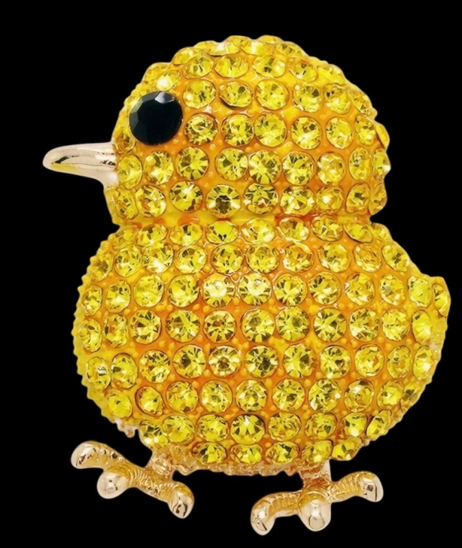 Exquisite Yellow Rhinestone Chick Brooch Black Rhinestone Eye Dazzling Approximately 1.75 x 1.5 Inch