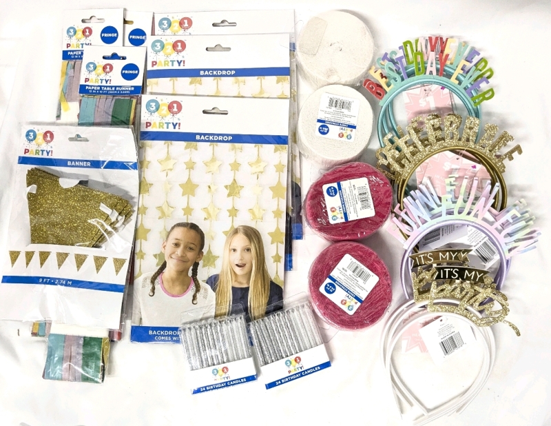 25 New Party Supplies : 4x Crepe Streamers, 2x Glitter Cake Candles, Banner, 4x Fringe Party Table Runners, 3x Star Backdrops, 12x Headband Head Boppers