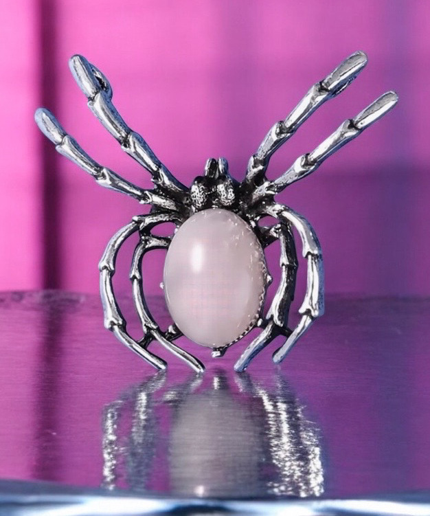 Beautiful Spider Brooch Natural Stone & Shell Inlay Rose Quartz Approximately 2 x 1.85 Inch