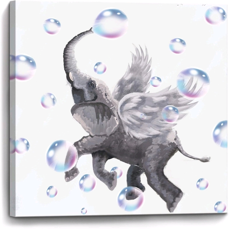 New Whimsical Winged Elephant Blowing Bubbles Stretched Canvas Print - 19.75" x 19.5"