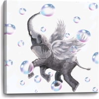 New Whimsical Winged Elephant Blowing Bubbles Stretched Canvas Print - 19.75" x 19.5"