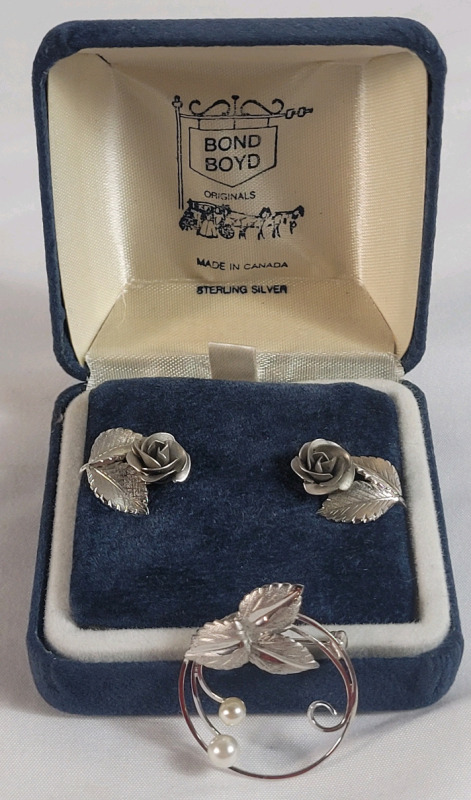 Vintage Bond Boyd Sterling Silver Screw Back Rose Earings w/Original Case & Bond Boyd Sterling Brooch