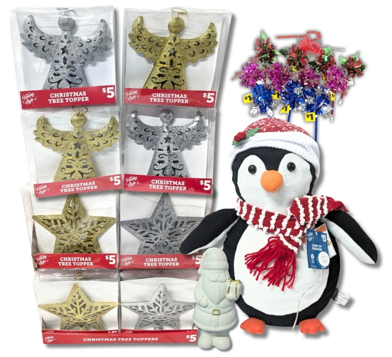 New Christmas! 10" Light-Up Penguin, 8" Ceramic Santa, 12 Christmas Tree Toppers (8 Stars, 4 Angels) & 13 Christmas Themed Pens