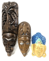 3 Vintage Carved Wood Masks : 2 African, 1 Balinese Buddha - 12.5", 18.25" & 28" Tall