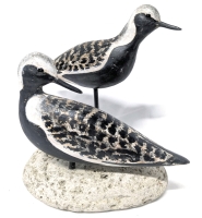 Vintage Hand-Carved Pair of Wooden Plover Shorebirds on Real (Heavy!) Stone Base - 10.25" Tall