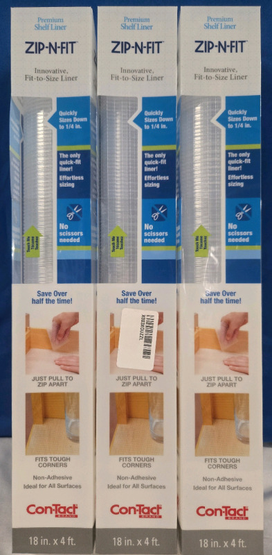 3 New | Con-Tact Non-Adhesive Zip-N-Fit Shelf Liner 18" x 4'